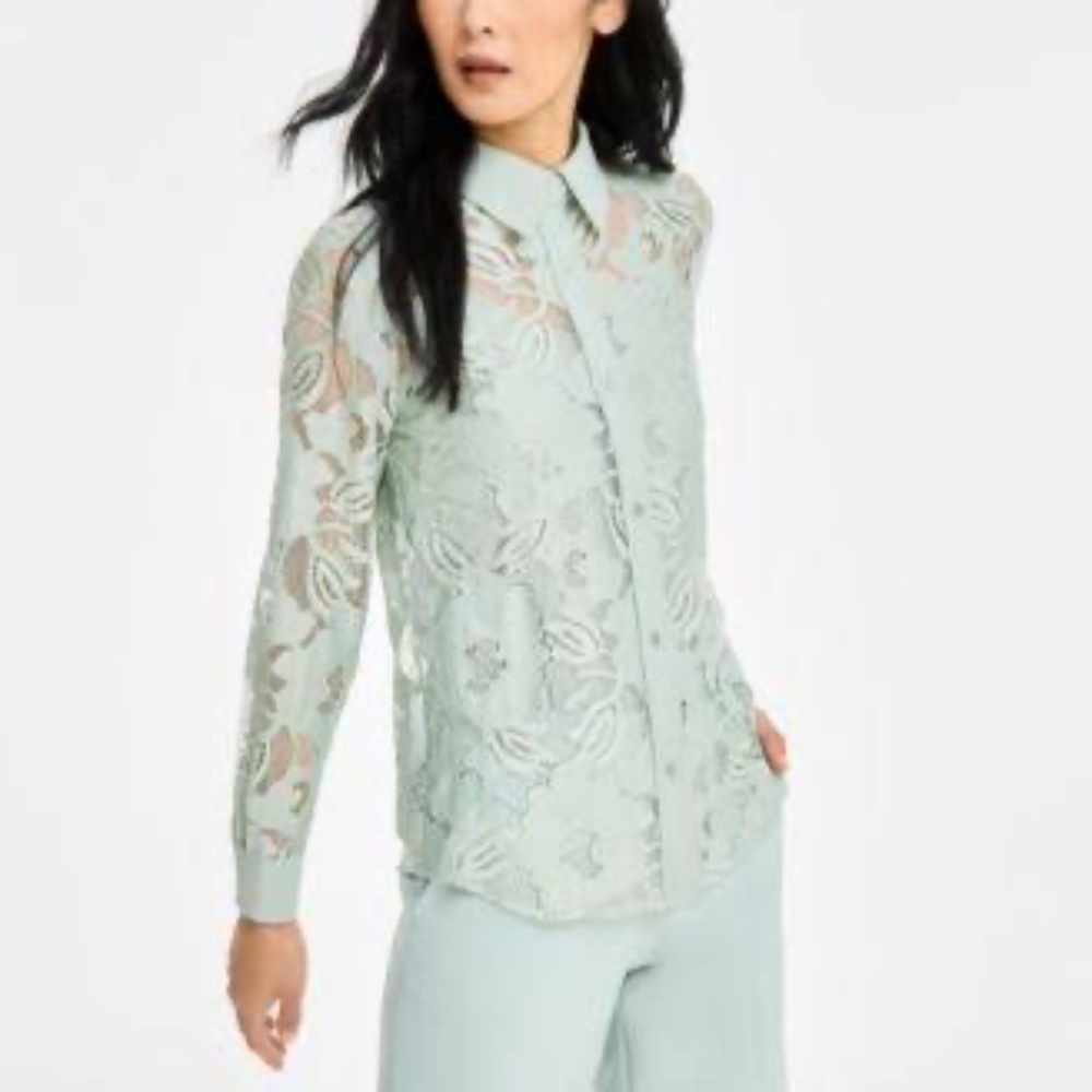 Anne Klein Long Sleeve Collared Lace Shirt